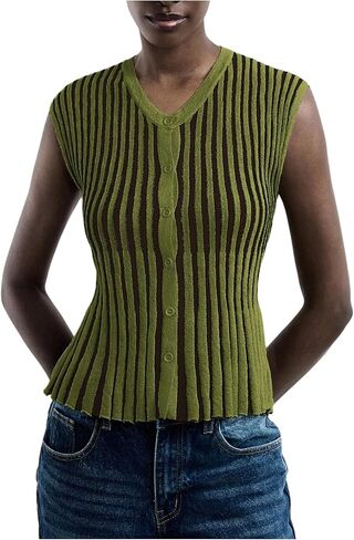 MakeMeChic Women's Striped Sweater Vest Tops V Neck Button Down Sleeveless Knit Cardigan in Kuwait