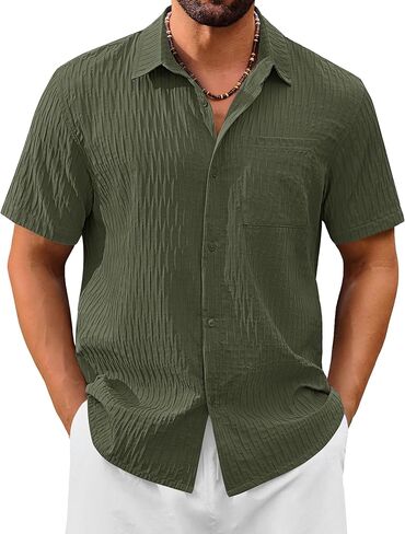 Cotrasen Men's Short Sleeve Button Down Shirts Casual Textured Shirts Summer Beach Vacation Shirt with Pocket in Saudi Arabia