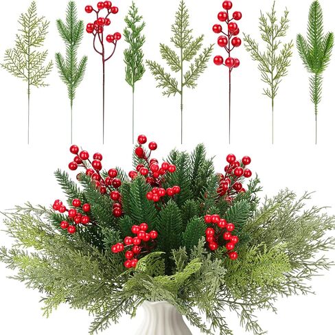 Arcprism 70 PCS Artificial Pine Branches with Berries, Christmas Greenery Fake Pine Needle Faux Red Berry Stems, Christmas Floral Picks for DIY Crafts Wreath Garland Home Décor in Saudi Arabia