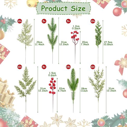 Arcprism 70 PCS Artificial Pine Branches with Berries, Christmas Greenery Fake Pine Needle Faux Red Berry Stems, Christmas Floral Picks for DIY Crafts Wreath Garland Home Décor in Saudi Arabia