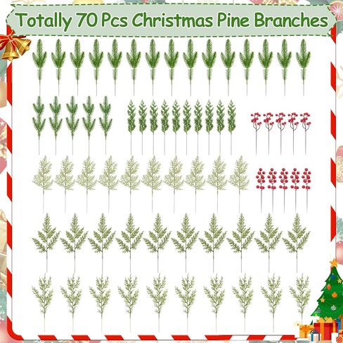 Arcprism 70 PCS Artificial Pine Branches with Berries, Christmas Greenery Fake Pine Needle Faux Red Berry Stems, Christmas Floral Picks for DIY Crafts Wreath Garland Home Décor in Saudi Arabia