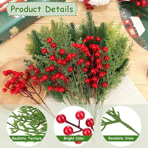 Arcprism 70 PCS Artificial Pine Branches with Berries, Christmas Greenery Fake Pine Needle Faux Red Berry Stems, Christmas Floral Picks for DIY Crafts Wreath Garland Home Décor in Saudi Arabia
