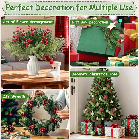 Arcprism 70 PCS Artificial Pine Branches with Berries, Christmas Greenery Fake Pine Needle Faux Red Berry Stems, Christmas Floral Picks for DIY Crafts Wreath Garland Home Décor in Saudi Arabia