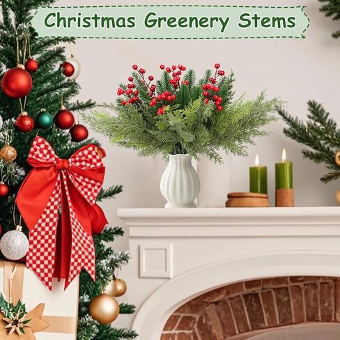 Arcprism 70 PCS Artificial Pine Branches with Berries, Christmas Greenery Fake Pine Needle Faux Red Berry Stems, Christmas Floral Picks for DIY Crafts Wreath Garland Home Décor in Saudi Arabia