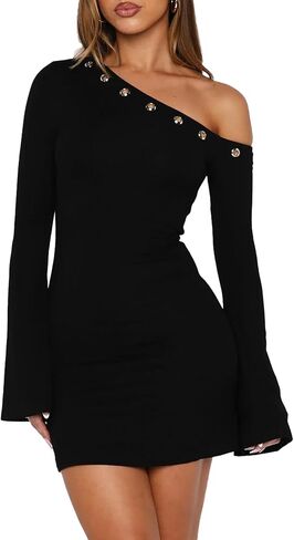 فستان OOQONQ نسائي قصير مكشوف الكتفين وأكمام طويلة واسعة مع فتحة عنق فضية فساتين ضيقة للحفلات والنوادي in Kuwait