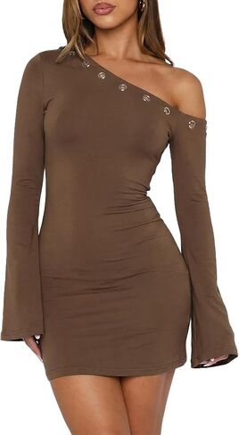 OOQONQ Women's Fall Off The Shoulder Long Flared Sleeve Mini Dress Neckline with Silver Eyelet Bodycon Party Club Dresses in Saudi Arabia