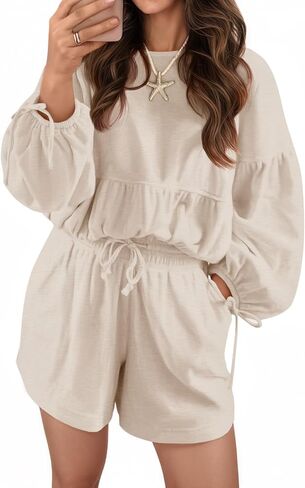 Tankaneo Womens 2 Piece Outfits Lounge Sets Puff Long Sleeve Bubble Tops and Elastic Drawstring Loose Shorts Matching Set in Saudi Arabia