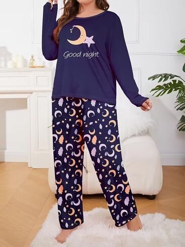 Plus-Size Women's Long-Sleeved Pajama Set, Round Neck, Soft Fabric, Elastic Waistband, Comfortable Women's Loungewear in Saudi Arabia