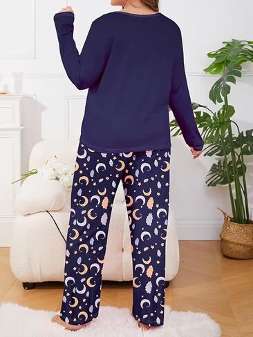 Plus-Size Women's Long-Sleeved Pajama Set, Round Neck, Soft Fabric, Elastic Waistband, Comfortable Women's Loungewear in Saudi Arabia