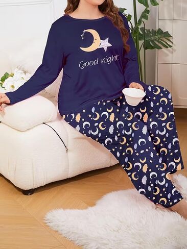 Plus-Size Women's Long-Sleeved Pajama Set, Round Neck, Soft Fabric, Elastic Waistband, Comfortable Women's Loungewear in Saudi Arabia