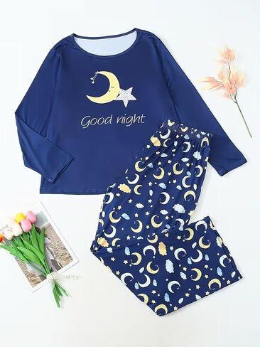 Plus-Size Women's Long-Sleeved Pajama Set, Round Neck, Soft Fabric, Elastic Waistband, Comfortable Women's Loungewear in Saudi Arabia