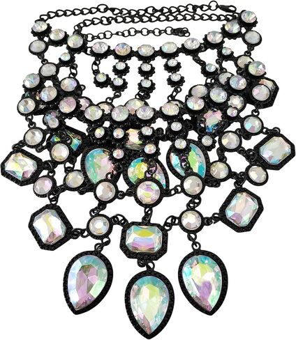 925 Sterling Silver Bib Jewelry Sets For Women - ZA Indian Ethnic Round Water Drop Crystal Tassel Necklace Earrings Jewelry Sets Statement Large, Chunky Rhinestone Necklace in Kuwait