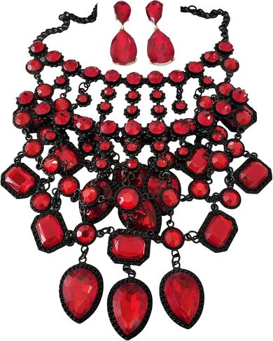 925 Sterling Silver Bib Jewelry Sets For Women - ZA Indian Ethnic Round Water Drop Crystal Tassel Necklace Earrings Jewelry Sets Statement Large, Chunky Rhinestone Necklace in Kuwait