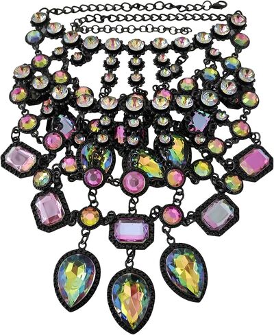 925 Sterling Silver Bib Jewelry Sets For Women - ZA Indian Ethnic Round Water Drop Crystal Tassel Necklace Earrings Jewelry Sets Statement Large, Chunky Rhinestone Necklace in Kuwait