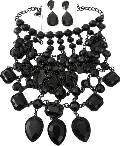 925 Sterling Silver Bib Jewelry Sets For Women - ZA Indian Ethnic Round Water Drop Crystal Tassel Necklace Earrings Jewelry Sets Statement Large, Chunky Rhinestone Necklace in Kuwait