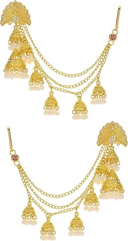 Jhumkas Indian Earrings with kundan Gold Hair Chain Layered Faux Pearl Charms Wedding Jewelry for Women in Saudi Arabia