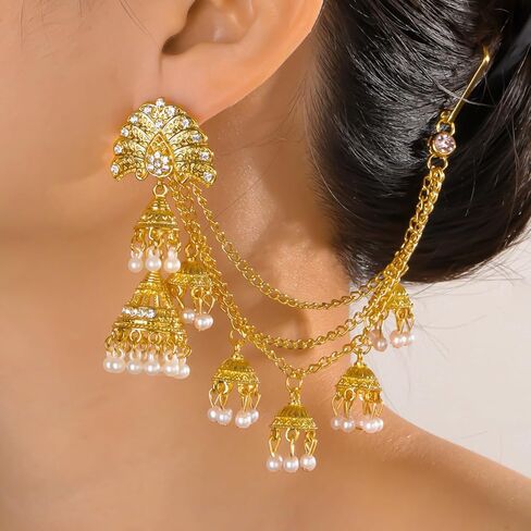 Jhumkas Indian Earrings with kundan Gold Hair Chain Layered Faux Pearl Charms Wedding Jewelry for Women in Saudi Arabia