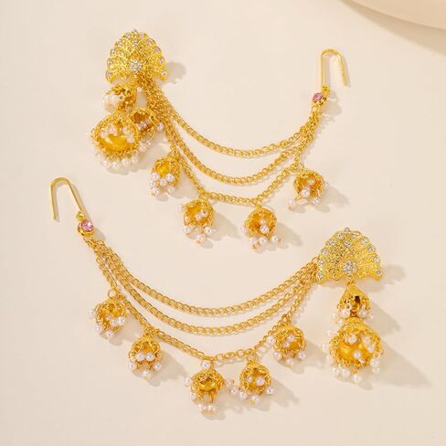 Jhumkas Indian Earrings with kundan Gold Hair Chain Layered Faux Pearl Charms Wedding Jewelry for Women in Saudi Arabia