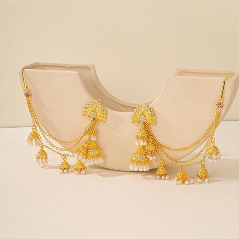Jhumkas Indian Earrings with kundan Gold Hair Chain Layered Faux Pearl Charms Wedding Jewelry for Women in Saudi Arabia