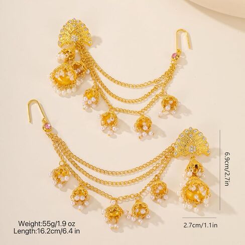 Jhumkas Indian Earrings with kundan Gold Hair Chain Layered Faux Pearl Charms Wedding Jewelry for Women in Saudi Arabia
