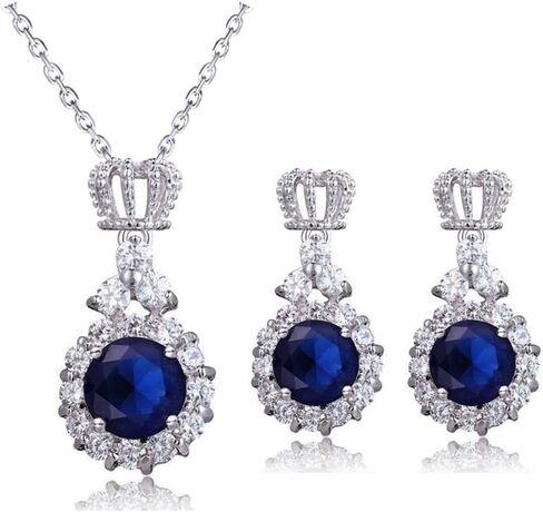 AILUOR Crown Sapphire Jewelry Set, Fashion Wedding Bridal Silver Blue Crystal Gemstone Pendant Necklace and Stud Earrings Set for Women in Saudi Arabia
