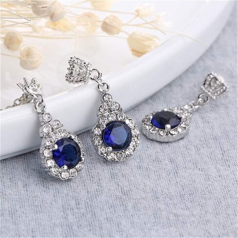 AILUOR Crown Sapphire Jewelry Set, Fashion Wedding Bridal Silver Blue Crystal Gemstone Pendant Necklace and Stud Earrings Set for Women in Saudi Arabia