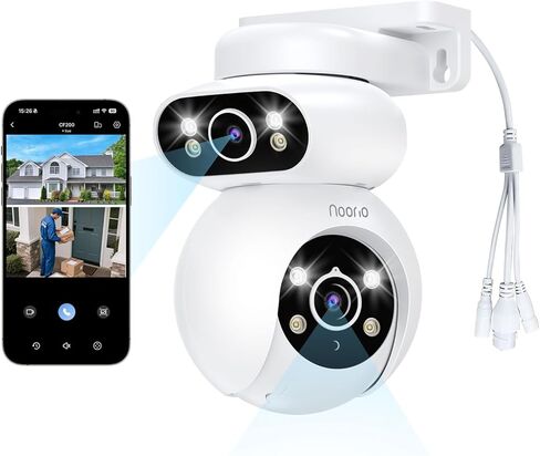 Noorio Dual Lens 2K Camera Camera Outdoor ، خارج كاميرات خارجية للمكونات الإضافية للأمن المنزلي ، تتبع تلقائي 360 درجة ، الرؤية الليلية الملونة ، 24/7 تسجيل ، 2.4 جرام واي فاي فقط in Kuwait