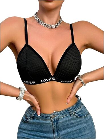MakeMeChic Women's Letter Print Wireless Bralette Adjustable Strap Bra Unlined Comfort Bra in Saudi Arabia