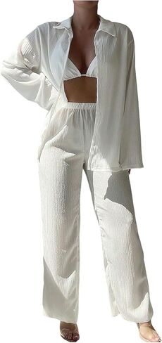 WDIRARA Women's 2 Piece Swimsuit Cover Up Set Pants Outfit Beach Coverup in Saudi Arabia