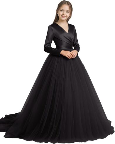 V-Neck Flower Girl Dresses for Wedding Satin Tulle First Communion Dress Long Sleeves Girls Pageant Dress in Saudi Arabia