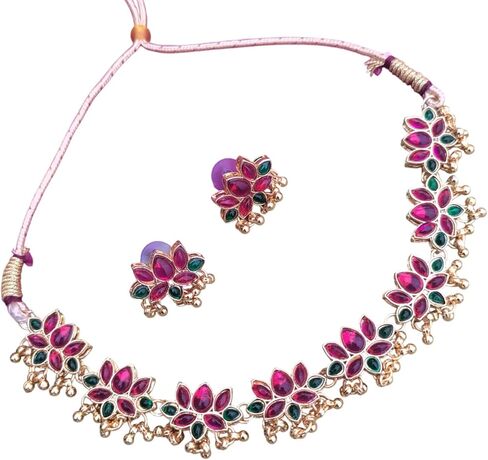 RD GEMS South Indian Lotus Design Jewelry Set Gift for Her Bollywood Ethnic Necklace Earring Set Gold Plated Set Jewellery set for women in Saudi Arabia