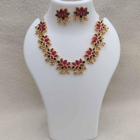 RD GEMS South Indian Lotus Design Jewelry Set Gift for Her Bollywood Ethnic Necklace Earring Set Gold Plated Set Jewellery set for women in Saudi Arabia