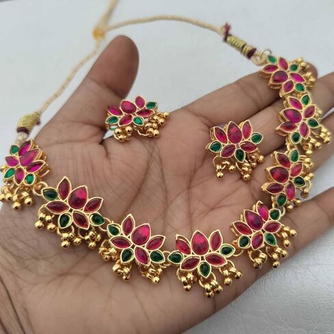 RD GEMS South Indian Lotus Design Jewelry Set Gift for Her Bollywood Ethnic Necklace Earring Set Gold Plated Set Jewellery set for women in Saudi Arabia