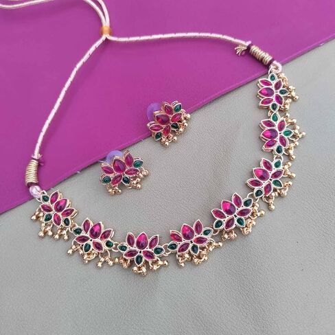 RD GEMS South Indian Lotus Design Jewelry Set Gift for Her Bollywood Ethnic Necklace Earring Set Gold Plated Set Jewellery set for women in Saudi Arabia