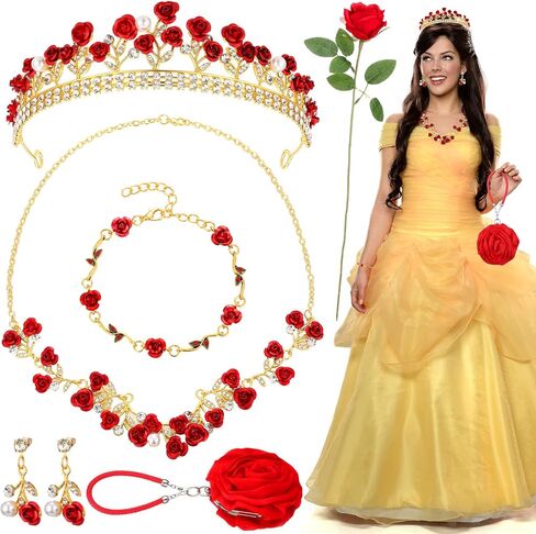 Quelay 6 Pcs Red Rose Jewelry Set - Flower Pendant Necklace, Bracelet, Dangle Earrings, Tiara, Flower Clutch Purse Small Evening Bag, Artificial Red Roses for Prom, Wedding, Birthday Party, Halloween in Saudi Arabia