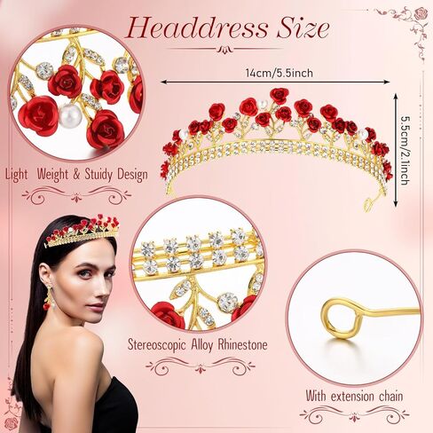 Quelay 6 Pcs Red Rose Jewelry Set - Flower Pendant Necklace, Bracelet, Dangle Earrings, Tiara, Flower Clutch Purse Small Evening Bag, Artificial Red Roses for Prom, Wedding, Birthday Party, Halloween in Saudi Arabia