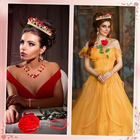 Quelay 6 Pcs Red Rose Jewelry Set - Flower Pendant Necklace, Bracelet, Dangle Earrings, Tiara, Flower Clutch Purse Small Evening Bag, Artificial Red Roses for Prom, Wedding, Birthday Party, Halloween in Saudi Arabia