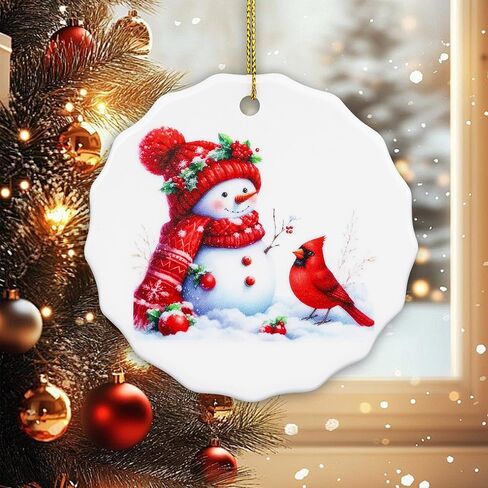 Christmas Snowman Cardinal Ornament – Ceramic Hanging Decoration for Christmas Tree, Cute Winter Snowman with Red Cardinal, Holiday Home Décor & Gift in Saudi Arabia