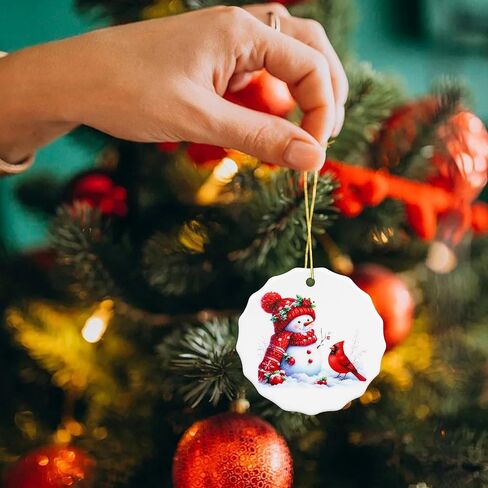 Christmas Snowman Cardinal Ornament – Ceramic Hanging Decoration for Christmas Tree, Cute Winter Snowman with Red Cardinal, Holiday Home Décor & Gift in Saudi Arabia