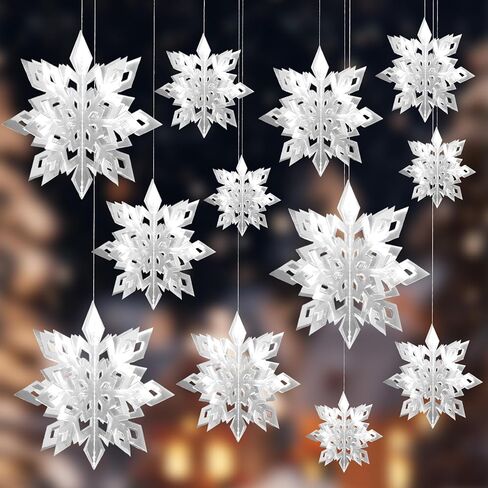 Christmas Hanging Snowflakes Decorations, 12Pcs 3D Paper Snowflake Christmas Decorations, 10'' Large Snowflakes Ornaments Snow Flakes Garland Hanging for Winter Wonderland Xmas Holiday Party Decor in Saudi Arabia