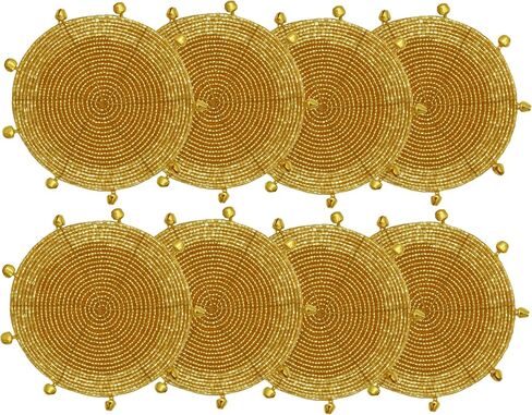 COTTON CRAFT Glitz Handmade Beaded Bar Drink Tabletop Protection Coasters - Set of 8 - Halloween Harvest Autumn Fall Thanksgiving Holiday Christmas Xmas Celebration Festive Party - 4 in Round - Gold in Saudi Arabia