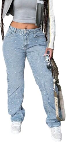 CFNZER Pearl Jeans for Women Y2K Boyfriend Baggy Straight Wide Leg Jeans Rhinestone Casual Denim Pants in Saudi Arabia