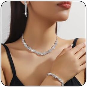 3PCS Prom Earrings Necklace Bracelet Set Sparkling Rhinestone Crystal Necklace Bracelet Dangle Earring Brides Bridesmaids Silver Jewelry Set Wedding Banquet Party Dance Dress Jewelry Set for Women in Saudi Arabia