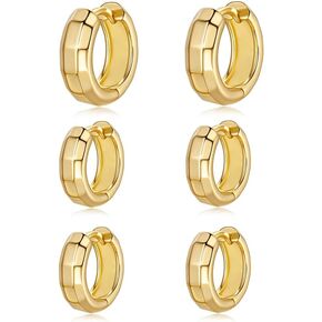 3 Pairs Small Chunky Gold Hoop Earrnigs Stack for Women, 14K Gold Plated Lightweight Trendy Sparkled Hypoallergenic Huggie Hoop Earrings Set for Multiple Piercing in Kuwait