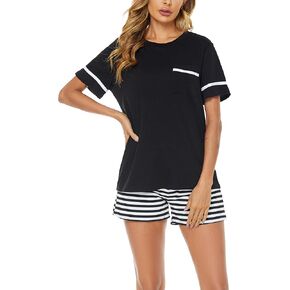 Reliwel Cotton Pajamas for Women Set Short Sleeve Womens Pajama Sets Round Neck Top and Pj Shorts with Pocket in Saudi Arabia