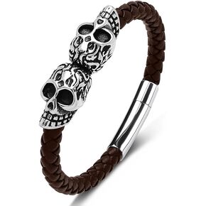 VA JENT Men leather Skull Bracelet,316L Stainless Steel Genuine Leather Bracelets for Men - Wristband Bangle Gift for Husband Son in Kuwait