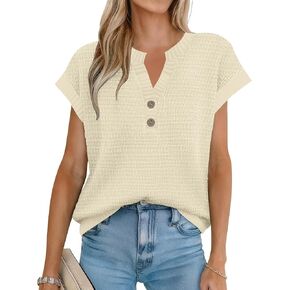 Women's Sweater Vest Spring Summer Button V Neck Striped Pullover Tank Top Cap Sleeve Knit Sweaters Tops in Kuwait