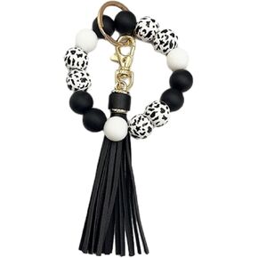 Phamines السوار المفاتيح النساء، البقرة الخشب الخرز سيليكون مطرز كيرينغ سوار، الإسورة مع شرابة حامل سلسلة مفاتيح السيارة in Kuwait