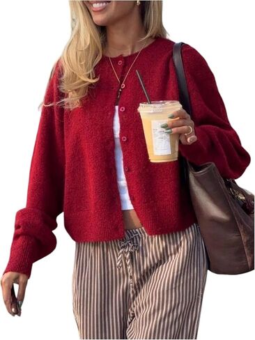 GORGLITTER Women's Button Up Cardigan Sweaters Long Sleeve Crew Neck Lightweight Fuzzy Fall Fashion 2025 Knitwear Tops in Saudi Arabia