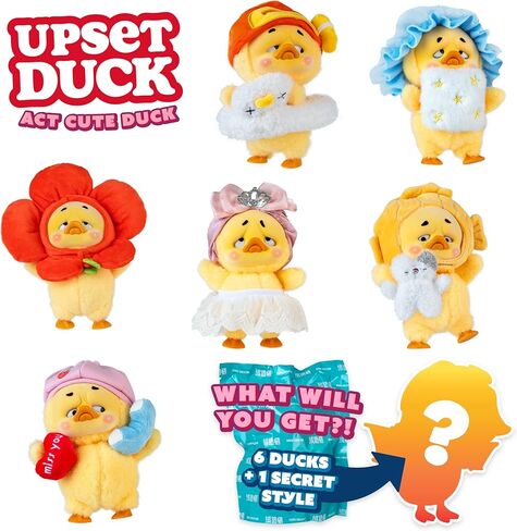 ORB Official Upset Duck Blind Box Plush Figurine - Act Cute Series - Collectible Plush Duck Decorative Figure with Adorable Outfits - 1 of 7 Possible Figures (1 Rare Figure) to Collect in Each Box in Kuwait